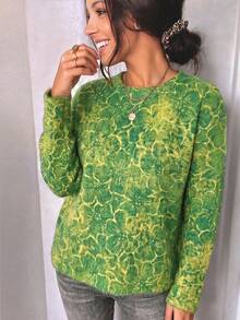 pull en tricot floral vert pour femmes, tenue d'automne, style décontracté, style basique, tenue de bureau automne - Vert - Voir 5