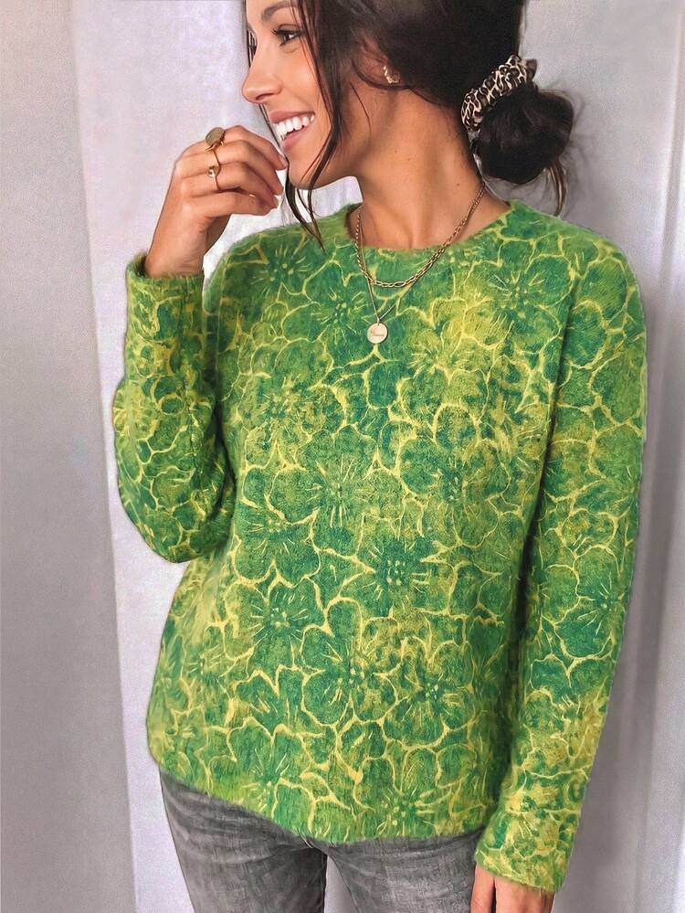 女款時尚綠色花卉針織套頭毛衣，秋季穿搭，休閒風格，基礎款，辦公穿著 - 綠色 - 查看 5
