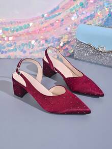 Preppy Office New Style Solid Color Sports Home All-Season High Heel Pumps Chunky Heel Buckle Pointed Toe Shoes Simple Fashion Sexy Pretty Comfortable Low Price Country Outdoor Women's Shoes Dance Shoes Fashion Shoes Shiny Rhinestone Random Position - Burgundy - View 5