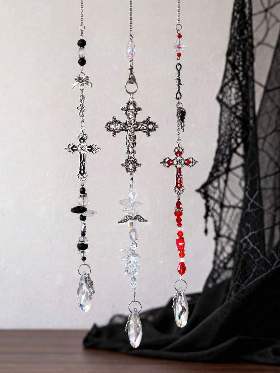 1pc Vintage Carved Metal Cross Crystal Hanging Ornament, Rainbow Sun Catcher Pendant, Suitable For Yard, Home, Bedroom Or Car Rearview Mirror Window Decoration, Faith Gift - Cross Pendant - View 1