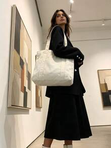 純色帆布材質母親節送禮給媽媽的大容量托特肩背包，完美通勤腋下包 - 白色 - 查看 3