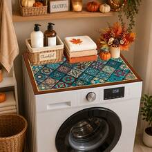 Luckybutterfly 1pc Vintage Moroccan Tile Patchwork Washing Machine Top Cover Mat, Anti-Slip Anti-Dust Drum Washer Dryer Countertop Protector, Laundry Room Decor Mat - Multicolor - View 4