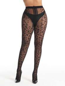 1pc Women 20D Leopard Jacquard Pattern Sheer Nylon Blend Stretchy Slim Fit Sexy Fashion Pantyhose For Daily Date Night - Black - View 2