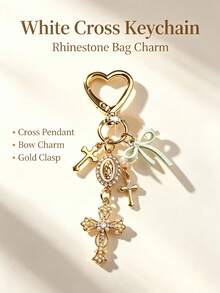 Exquisite Cross Keychain, Pearl Rhinestone Bow Bag Charm. Sweet And Cool Bag Decoration, Birthday And Holiday Gifts For Women Girls. - Multicolor - View 4