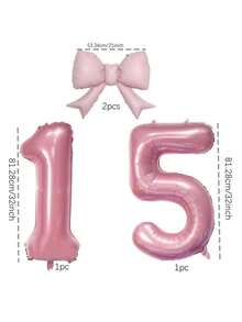4pcs 32 Inch Pink Number 1 And 5 Foil Balloons (Ribbon Not Included) With Pink Bow Balloons, 15th Birthday Princess Theme Party Decoration Number Balloons - Pink Bow 15 - View 4
