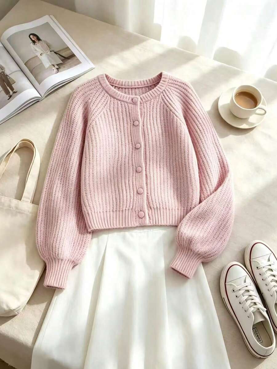 Thick Ribbed Knit Cropped Cardigan, Round Neck Button-Up Balloon Sleeve Sweater Jacket, Spring Autumn Daily Wear, Soft Comfortable Casual Layering Top For Streetwear - Pink - View 1
