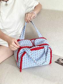 1pc Blue Background Red Heart Portable Makeup Bag, Handbag For Travel, Lightweight, Durable, Stylish, For Home, For Outdoor, Daily Use, Summer - Multicolor - View 8