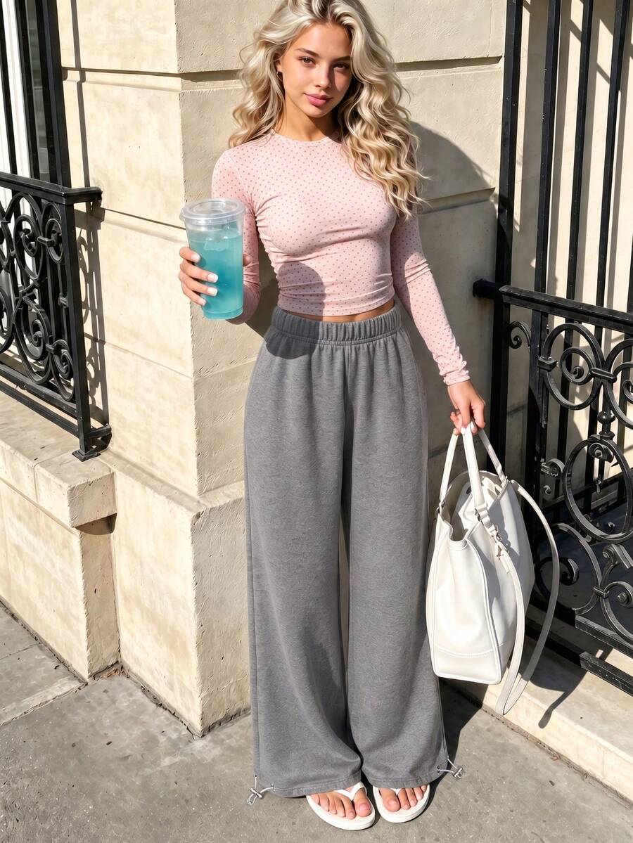 JustMiss Women's Knitted Sweatpants Straight Leg Casual Daily Elastic Waist Drawstring Cuffed Hem Minimalist Commute Long Pants Autumn/Winter - Dark Grey - View 1