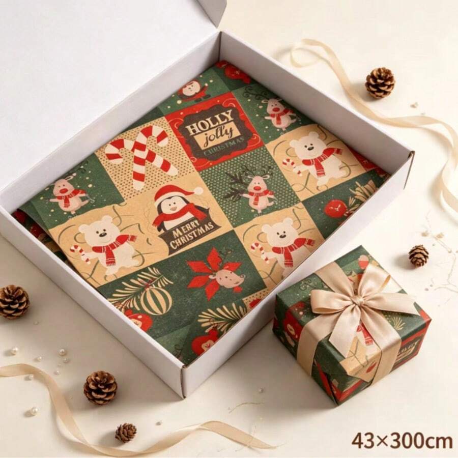 1 Roll 43cm*3M Kraft Wrapping Paper, Red Green Brown, Animal Pattern, Rich Color And Clear Printing, Thick Paper Not Easy To Tear, Smooth Cutting And Easy To Operate, Suitable For Birthday Gift Wrapping, Party Favors, Christmas Gift Wrapping And More - View 1
