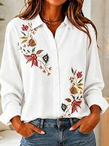 休閒時尚漸層印花大尺碼女款長袖襯衫，前開襟上衣，秋季 - 白色 - 查看 2