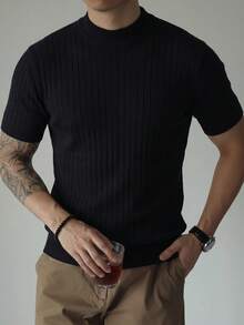 Solid Color Half-High Neck Vertical Stripe Short Sleeve Knit Pullover Top Men's Casual Slim Fit - Black - View 4