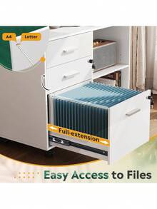 3 Drawer Mobile File Cabinet, Wood Lockable Drawers Printer Stand With Open Storage Shelf Fits A4 Or Letter Size For Home Office, White Father's Favorite Gift - A4 - View 5