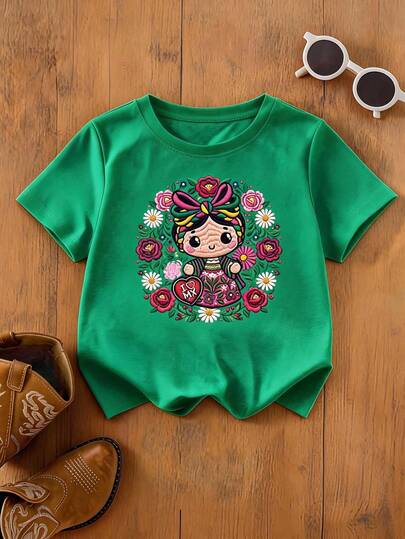 Camiseta Estampada para Niña 100% Algodón Manga Corta Cuello Redondo Corte Regular con Adorable Diseño de Muñequita Estilo Frida con Flores y Corazón "I ♥ MX"