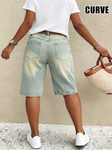 Mid-Waist Non-Stretch Vintage Retro Casual Women's Plus Size Denim Bermuda Shorts - Dark Wash - View 5