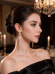 Gold Marquise Cubic Zirconia Long Tassel Dangle Earrings, Bridal Sparkly Drop Earrings For Women Party Evening - Earrings - View 1
