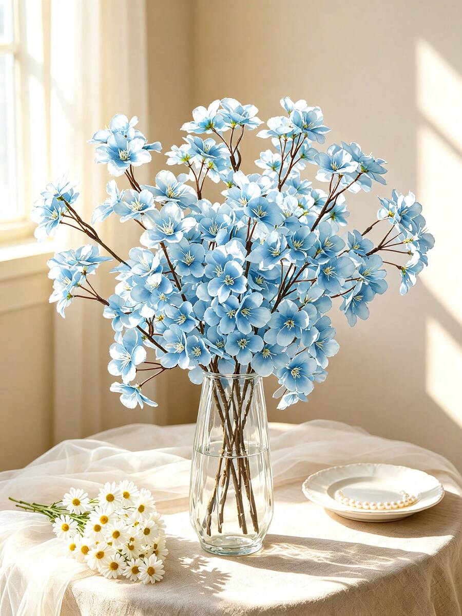1/4/8 piezas Flor de cerezo artificial, planta artificial de flor de durazno de seda, adecuada para decoración de primavera, jardín DIY, mesa de comedor del hogar, decoración de fiesta, decoración de boda, regalo de cumpleaños, ceremonia de graduación, etc. - Celeste - Ver 1