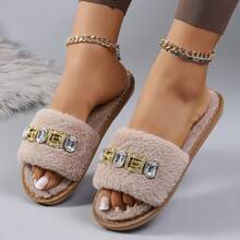Vintage Square Rhinestone Decor Plush Slippers, Soft Flat Open Toe House Slippers, Matching Loose Loungewear Set, Dorm Home Gathering Outdoor Wear Exquisite Women's Slippers - Khaki - View 4