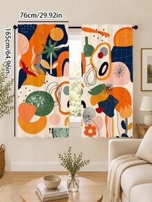 2Pcs Abstract Geometric Art Curtains, Modern Style Color Block Asymmetrical Line Print Pattern, Semi-Sheer Rod Pocket Curtains, Suitable For Living Room And Bedroom, Rod Not Included - Multicolor - View 15