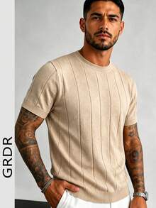 GRDR Sweater Rajut Tipis Musim Panas Pria, Lengan Pendek Bergaris Warna Polos, Kasual Sporty, Cocok untuk Olahraga Luar Ruangan - Aprikot - View 3