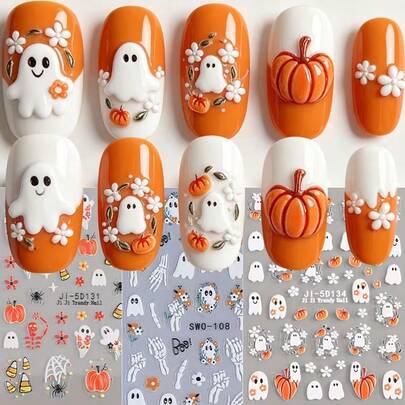 1 Sheet 5D Cute Mummy Halloween Nail Art Stickers Adorable Cartoon Mummy With Big Eyes Design Self-Adhesive Nail Decals Spooky Kawaii Gothic-Style Manicure Decoration