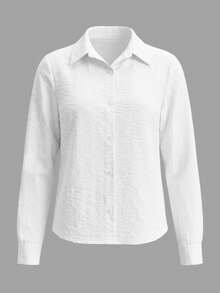 Yepolly-Pop Women Late Summer Fall Business White Lapel Collar Shirt, Button Front Long Sleeve Fitted Basic Blouse,Office Commute Daily Back To School - White - View 5