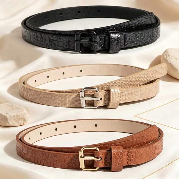 3 Packs Women Embossed Faux Leather Thin Pin Buckle Waist Belts, Versatile Slim Decorative Belts For Dresses Pants Office Daily Wear