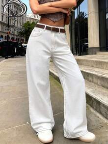 Elegant Fashionable Casual Vacation Women's Jeans, Loose Fit, With Pockets - White - View 6