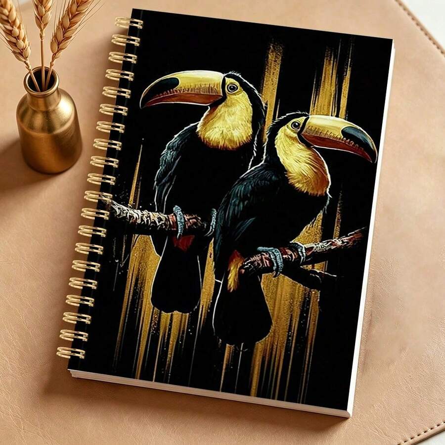 1PC A5 Spiral Notebook With Toucan And Toucan Art Patterns - Black And Gold Tropical Cover, Green Leaf Design, Perfect For Diaries, Schools, Offices, Travels - Gifts For Nature Lovers, Ornithologists, Birdwatchers - 1 - View 1