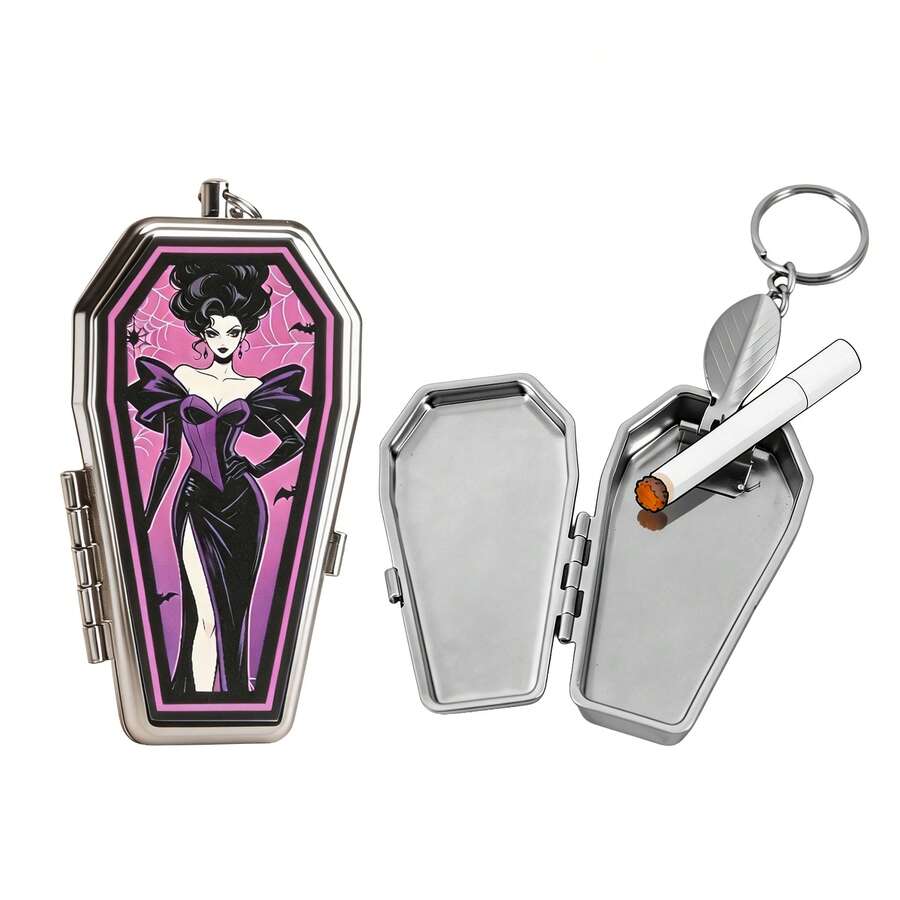 Cabin puff 1pc Coffin-Shaped Mini Ashtray With Flip Lid, Gothic Style, Portable For Outdoor, Car And Other Scenes. A Portable Gift.