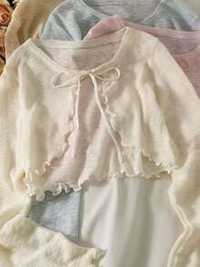 Women's Ruffled Hem Lightweight Cardigan, Slim Fit, Long Sleeve Short Jacket, Summer Sun Protection - A - View 11