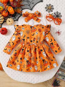 Baby Girl Autumn/Winter Halloween Orange Cute Ghost Pumpkin Spider Web Pattern Flutter Sleeve Long Sleeve Patchwork Black Big Bow Dress And Matching Headband, Suitable For Halloween Holiday Wear - Multicolor - View 2