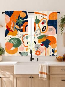 2Pcs Abstract Geometric Art Curtains, Modern Style Color Block Asymmetrical Line Print Pattern, Semi-Sheer Rod Pocket Curtains, Suitable For Living Room And Bedroom, Rod Not Included - Multicolor - View 9