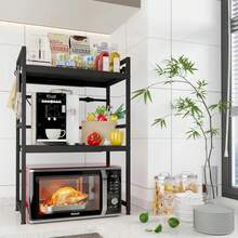 Rejilla extensible de 3 niveles para horno microondas de cocina color negro, organizador multifuncional para electrodomésticos, platos, especias y utensilios, diseño ajustable que aprovecha el espacio vertical de la encimera, estructura resistente y estable, ideal para cocinas pequeñas, fácil de montar y limpiar, - Negro - Ver 9