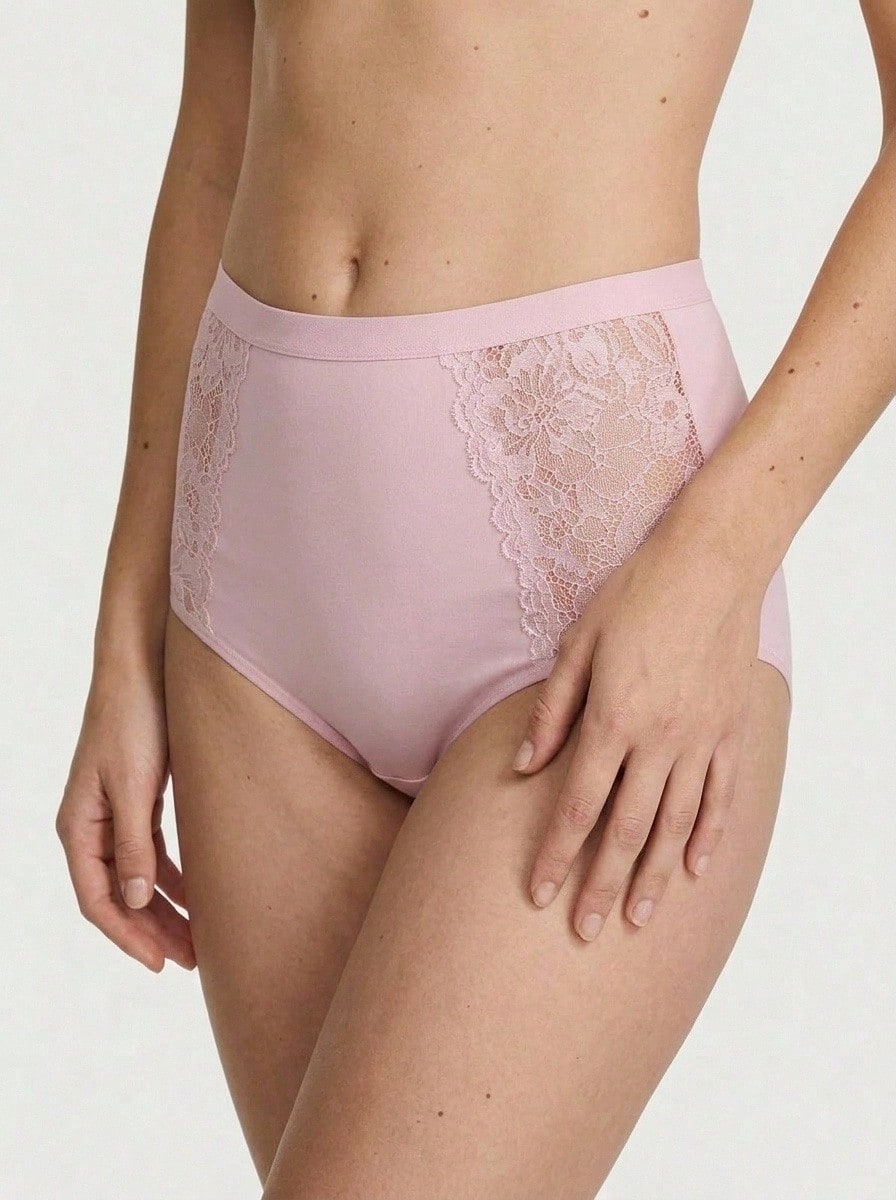 Aesletic 1 pieza de braga de talle alto para mujer con encaje, elástica para evitar deslizamientos, corte alto en la pierna para un color sólido elegante, suave y transpirable