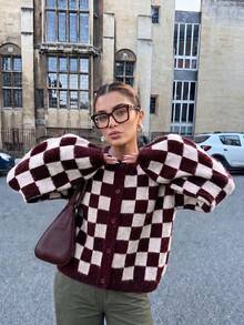 Joy Knit Women's Sweater Autumn/Winter Fashion New Style - Basic Tops - Simple Casual Fashion Versatile - Checkered Round Neck Button Sweet Fall - Burgundy - View 1