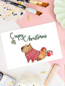 1pc Cute Christmas Card With Envelope, Printed Capybara In Xmas Jumper & Gift Boxes, "Capy Christmas", For Wife, Husband & Animal Lovers, Holiday Gift Exchange, Blank Inside - A - View 7