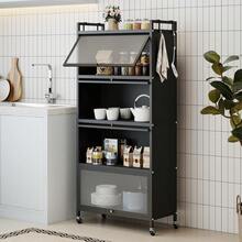 Five Tier Kitchen Storage Cabinet Unit Four Flip Doors Rolling Wheels Mobile Metal Pantry Cabinet Four Hooks Adjustable Feet Microwave Stand Bakers Rack Dining Living Room Black - Black - View 12