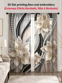 2pcs Luxury Pearl Floral Pattern Printed Curtains, Single-Sided Printing, Semi-Sheer - Rod Pocket Curtains, Bedroom Kitchen Living Room Decor, Multiple Sizes Available, Privacy Protection Machine Washable, Fade-Resistant Curtains, Bedroom Kitchen Living Room Decor (Rod Not Included) - Multicolor - View 3