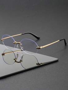 Rimless Oval Cut Edge Clear Lens Thin Gold Metal Frame Black Temple Tips Decorative Glasses For Teens - Clear - View 5
