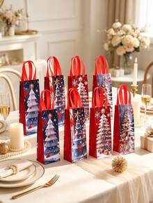 4pcs Red-Themed Christmas Gift Bag Featuring Snowflake And Christmas Tree Patterns; Suitable For Christmas Party Gift Wrapping, Holiday Wine Or Beverage Packaging, Christmas Dinner Party Favors, And More. - One Size Fits All - View 5