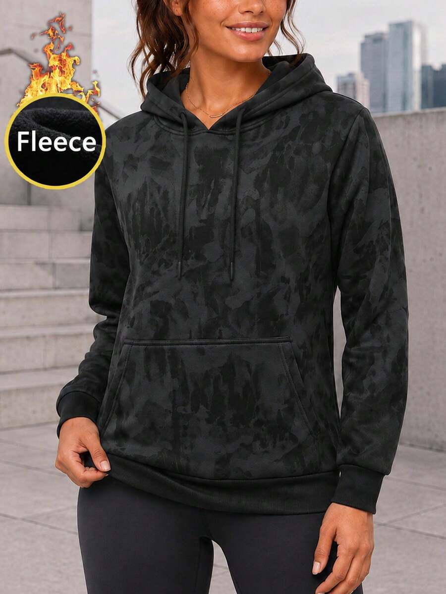 Women's Black Fleece Sweatshirt With Kangaroo Pocket, Relaxed Fit Textured Pullover Sweatshirt For Everyday Casual Wear. - Black - View 1
