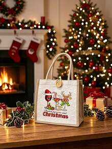 Beige Linen Tote Bag With Christmas Wine Glass & Reindeer Print, Suitable For Christmas Gifts, Travel And Daily Use - Multicolor - View 2
