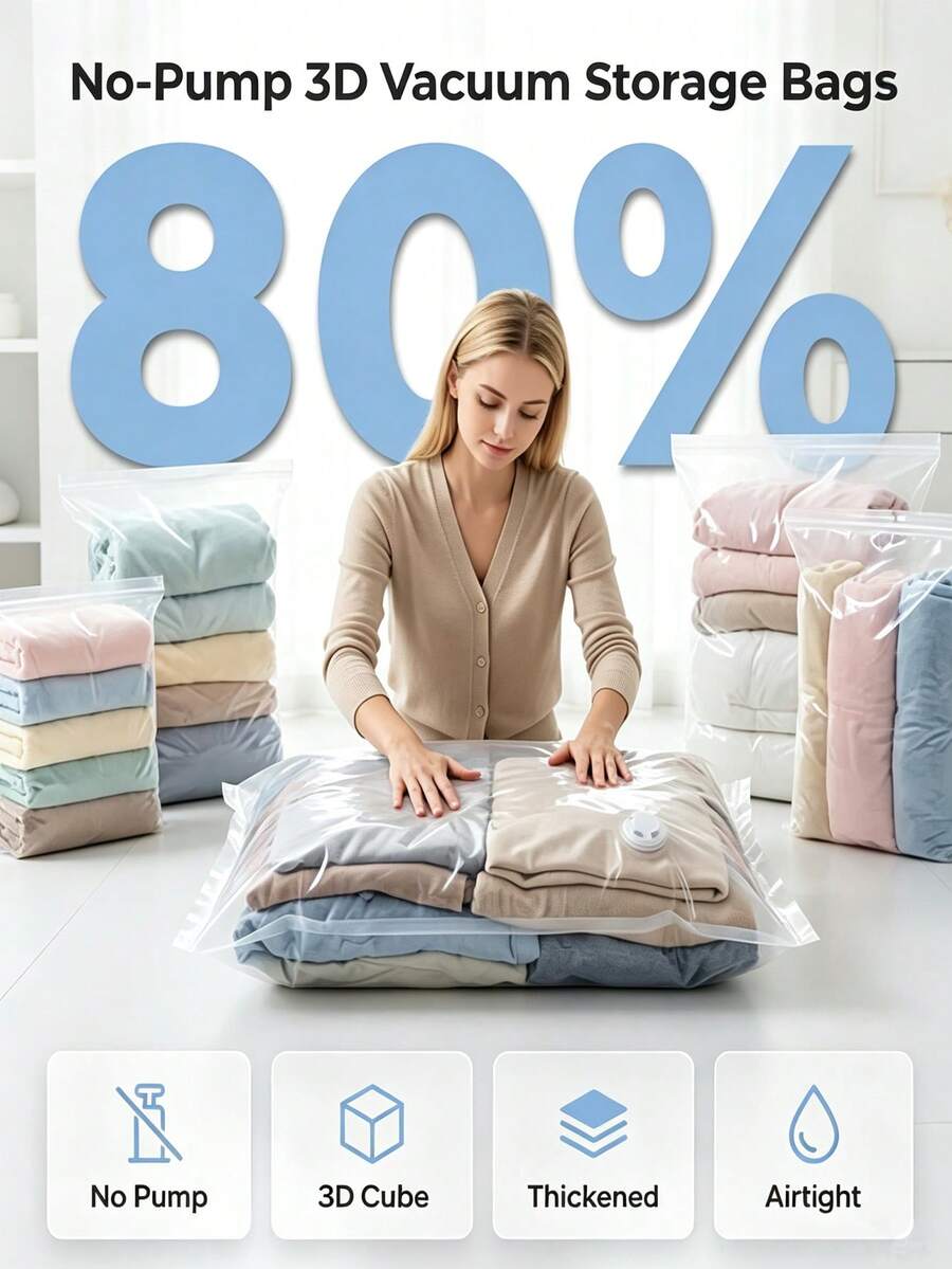 2026 Model No-Pump 3D Vacuum Storage Bag 80% Compression Rate Extra Large Capacity 3D Roll-Up Vacuum Sealed Bag Upgraded Large Capacity Storage Compression Bag Suitable For Bedding Clothing Blankets Giant Bedding Travel Storage Cube