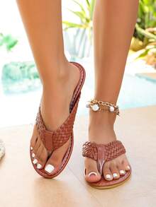 Women's Fashion Beach Flat Flip Flop Sandals, Casual Stylish Outdoor Wear, Summer Sandals, Minimalist Design, Round Toe, Versatile Fairy Style Women's Shoes - Brown - View 5