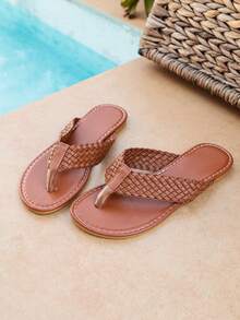Women's Fashion Beach Flat Flip Flop Sandals, Casual Stylish Outdoor Wear, Summer Sandals, Minimalist Design, Round Toe, Versatile Fairy Style Women's Shoes - Brown - View 10