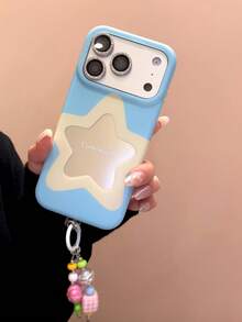 Korean Style INS Fresh Colorblock Pentagram Phone Case Compatible With Apple 17 Pro Max, 16 Pro New Model, 13, 14 Pro, 15 Pro, Full Coverage Double Layer Anti-Drop Phone Cover With Pendant - Blue - View 5