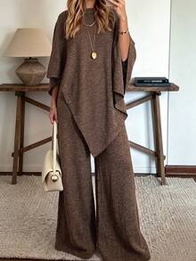 Women's Spring/Autumn Solid Color Elegant Sheer Cape Outerwear And Leggings Set, Suitable For Daily Commute, Vacation, Dating - Brown - View 3