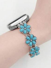 Bohemian Style Flower-Shaped Faux Turquoise Design Exquisite Women's Watch Band Accessory, Suitable As Gift Accessory For Apple Watch - Silver Blue - View 2