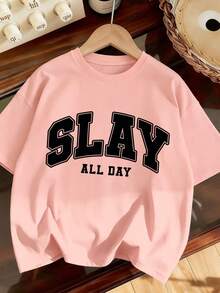 2件組 青少年女孩圓領短袖T恤，印有「SLAY」字樣，搭配一條簡約喇叭褲，夏季套裝 - 粉色 - 查看 4