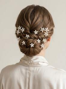 10pcs Elegant Faux Pearl Flower U-Shaped Hair Pin Set, Metal Hand-Woven Bridal Updo Hair Clips, Sweet Women's Headpiece For Party Wedding, Metal Wire Woven Faux Pearl Flower Hair Pins, Daily/Party Hair Accessories - Gold - View 5